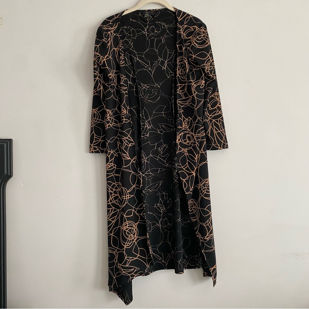 BCBGMAXAZRIA Long-sleeved Open-front Black Duster Cardigan with Rose Line Print